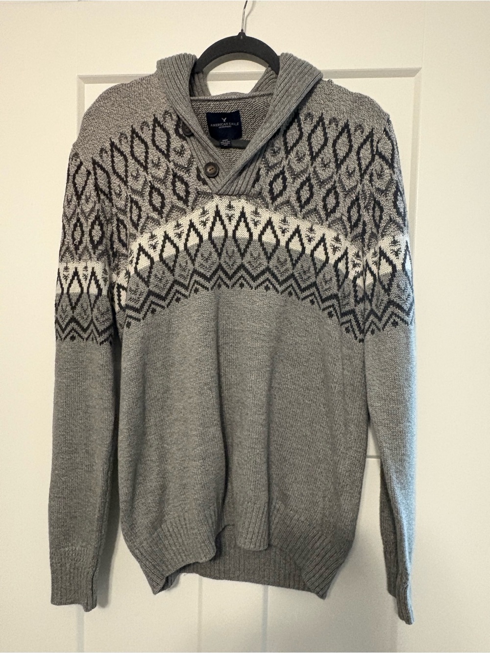 American Eagle Outfitters Gray Fair Isle Shawl Collar V‑Neck Sweater